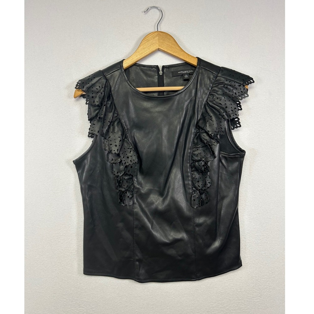 Edgy Chic Marc New York Women M Black Faux Leather Eyelet Ruffle Sleeveless Top